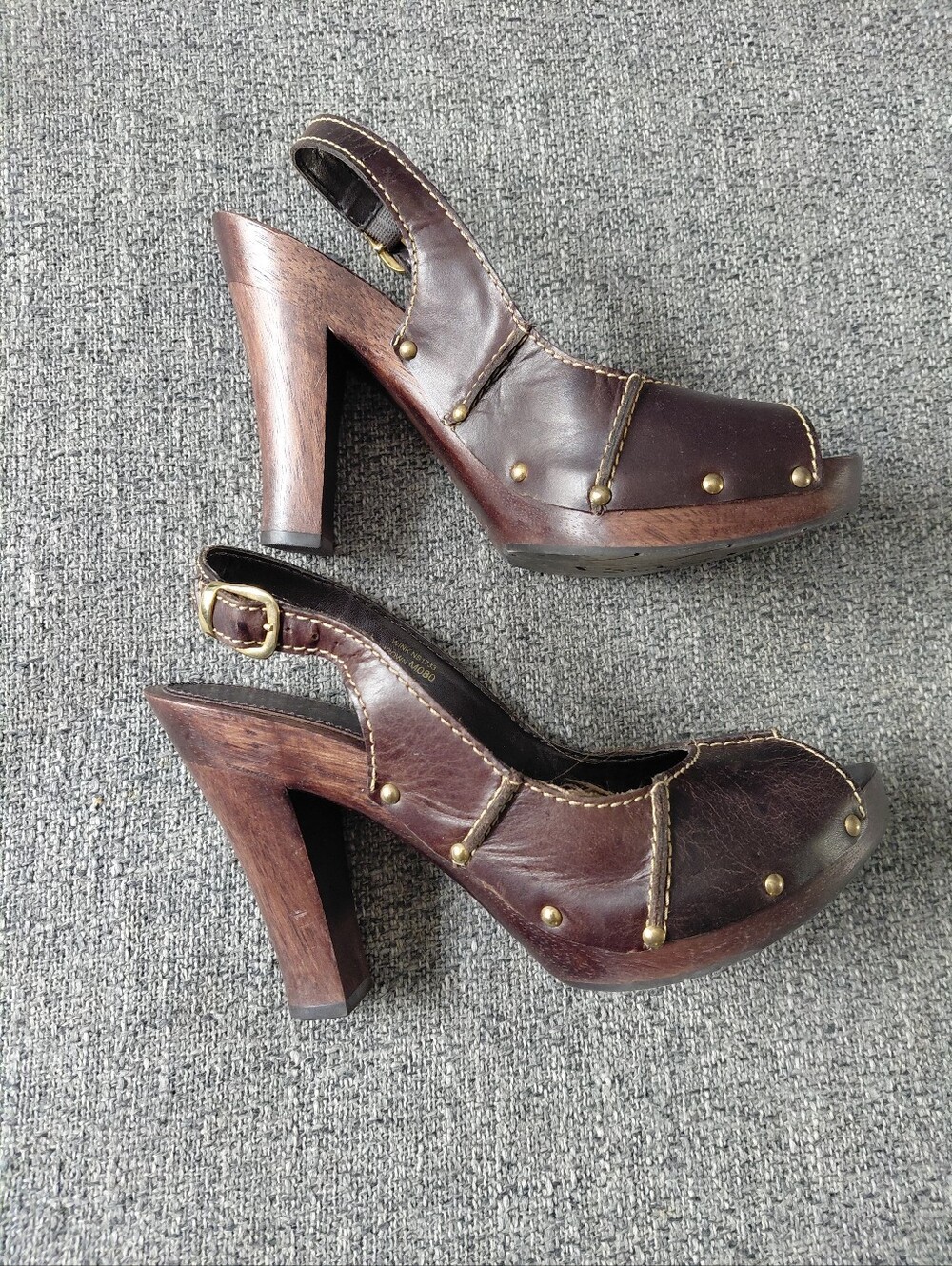 VTG 90's/Y2K Richard Tyler Wooden Slingback Leather Peep Toe Heels Size 8
